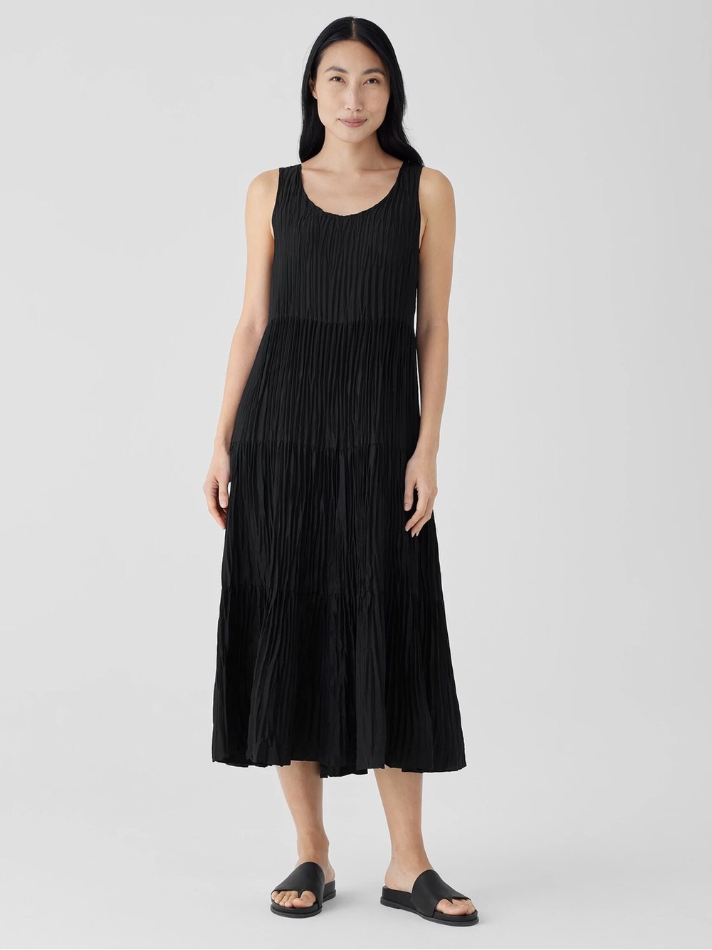 Eileen Fisher Crushed Silk Black Sleeveless Pleated Tiered Midi Dress